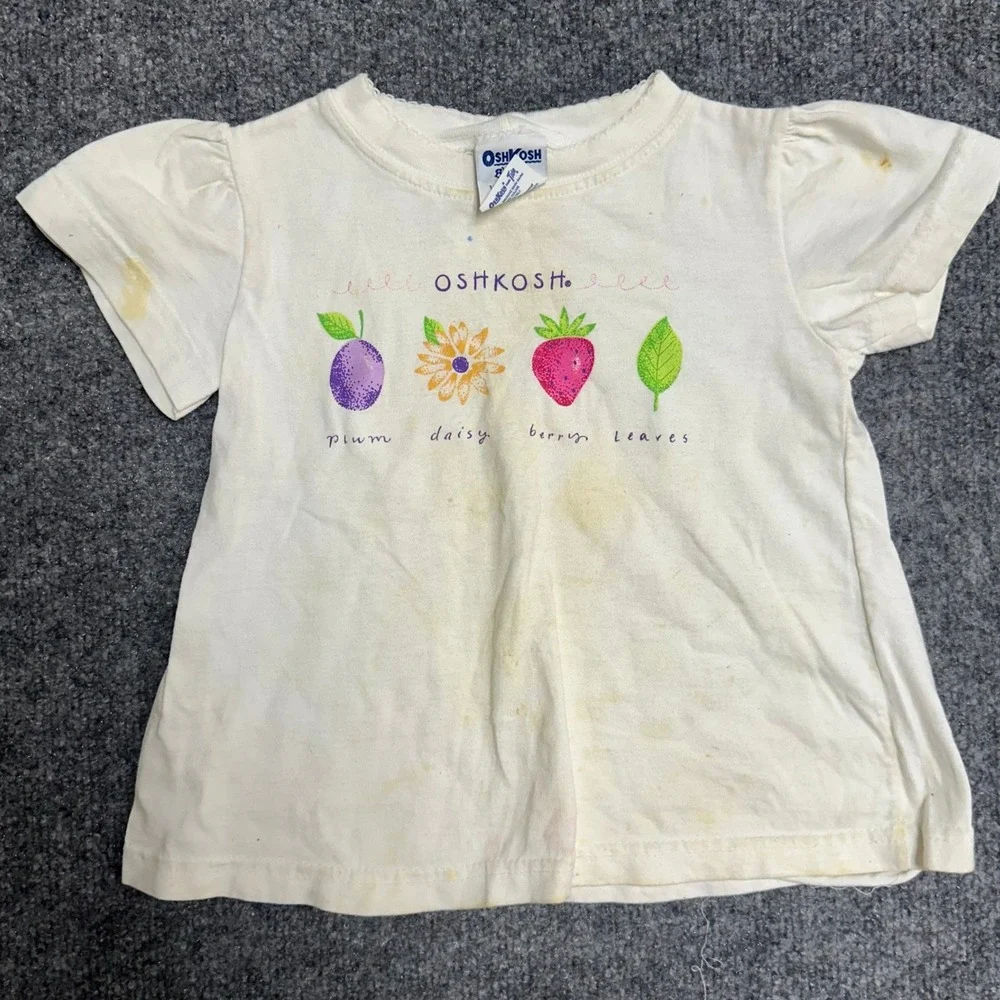 OshKosh T-Shirt Unisex Size 3T White Graphic Berry Leaves Cotton Vintage USA